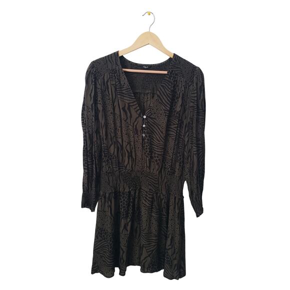 Rails Zana Animal Print Smocked Waist Mini Dress Olive Green Size Large - Picture 1 of 10